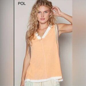 POL Orange/Peach Star Studded Beaded Trim Asymmetrical Sleeveless Tank Top Large